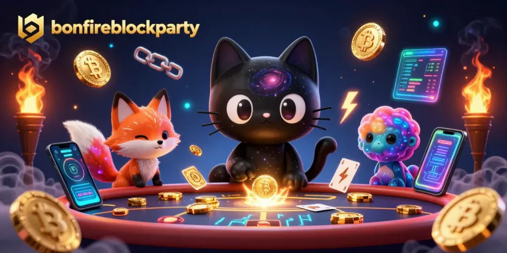 Experience the excitement of bonfireblockparty as the cosmic casino table pulls in golden chips and flying NFTs.
