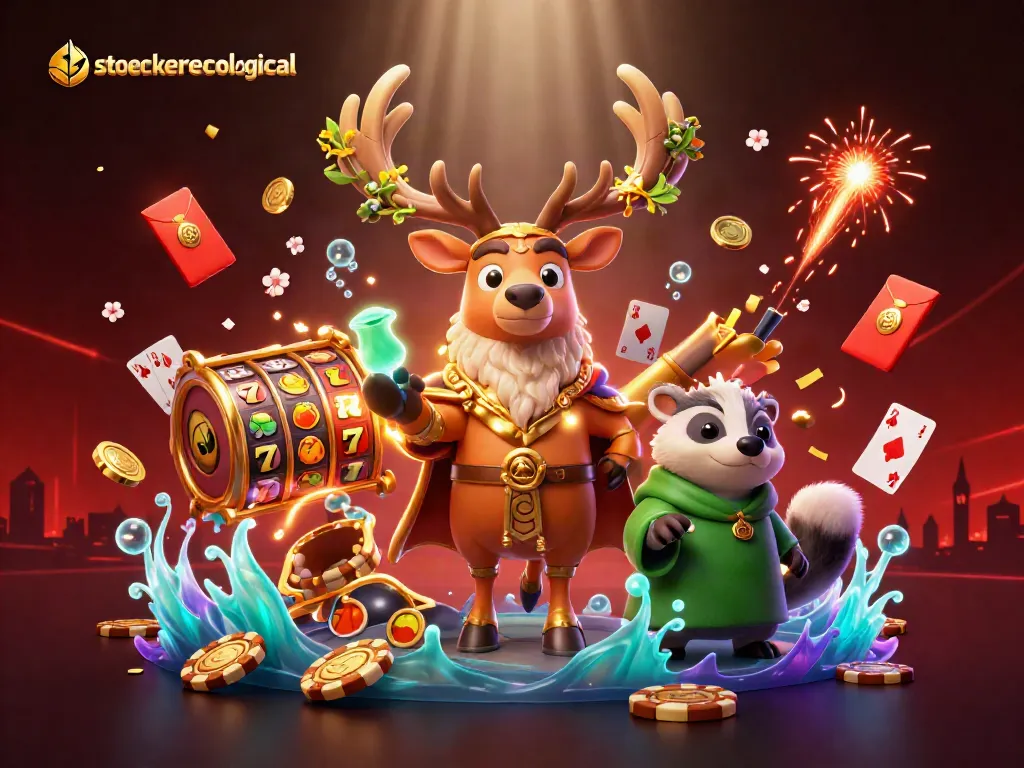 Engage with stoeckerecological's thrilling gaming scene featuring a druid stag, lucky reels, and vibrant symbols.