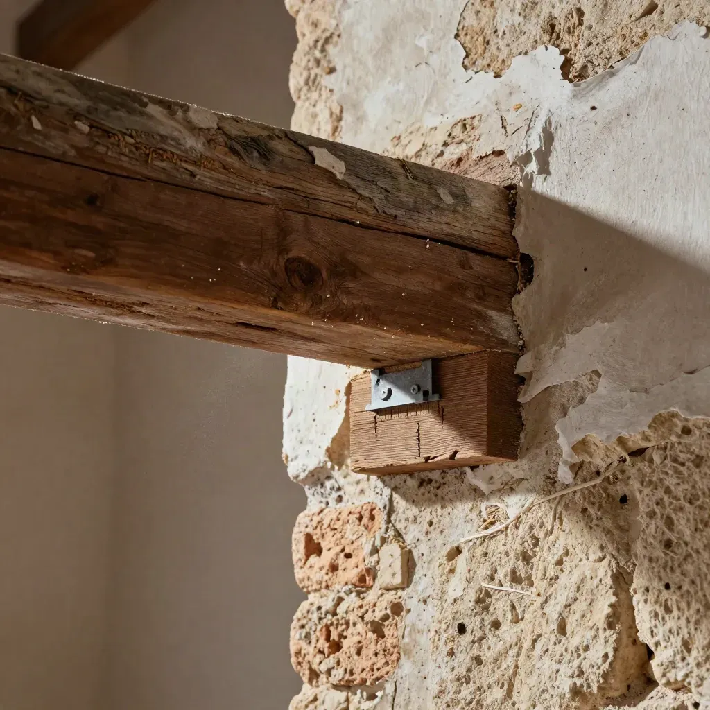 Viga de madera tratada contra termitas en muro antiguo, con puntos de inyección y polvo fino.