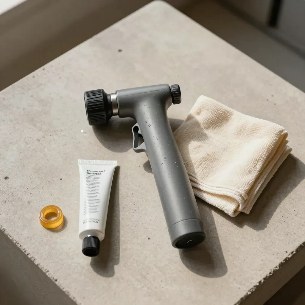 Flatlay de útiles de tratamiento y limpieza sobre hormigón, con paño, boquilla y tapón limpio.