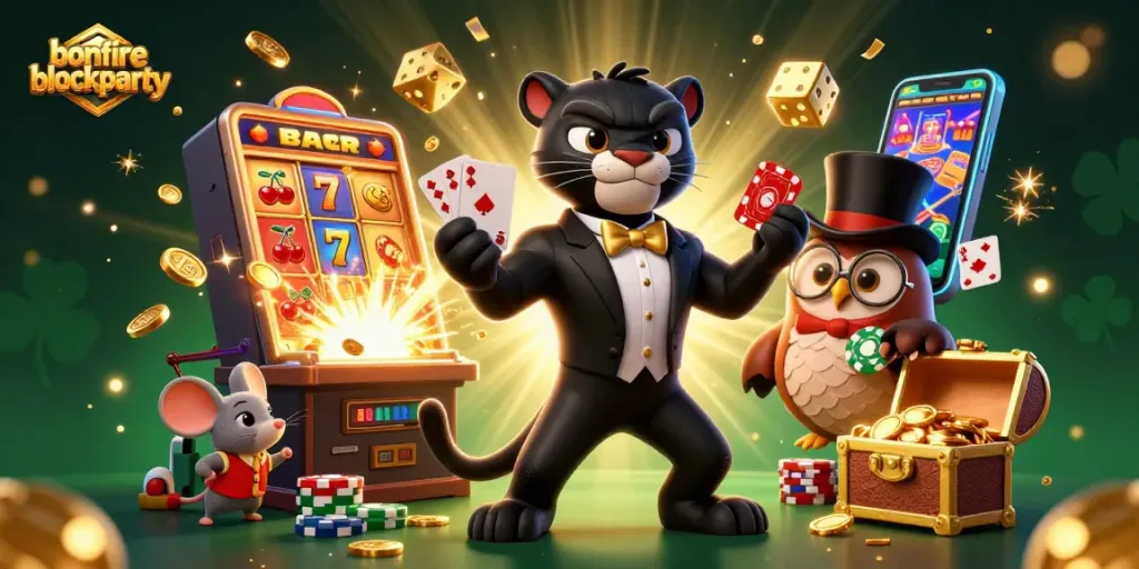 Engage with exciting games at bonfireblockparty featuring a vibrant casino scene with characters and slots.
